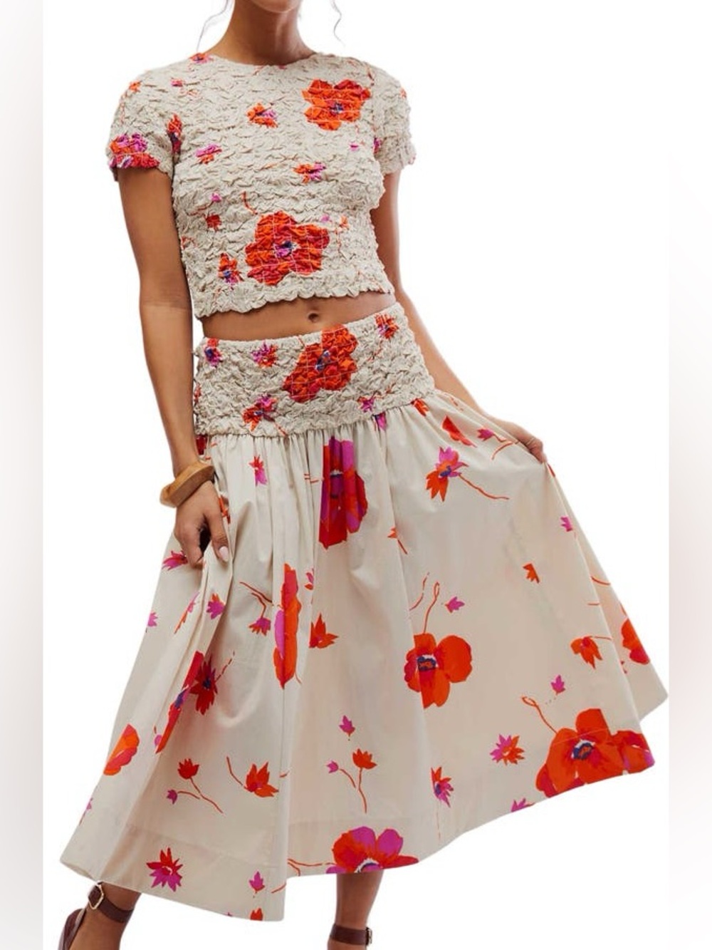 Free People Carino Floral Two-Piece Stretch Cotton Crop Top & Midi Skirt